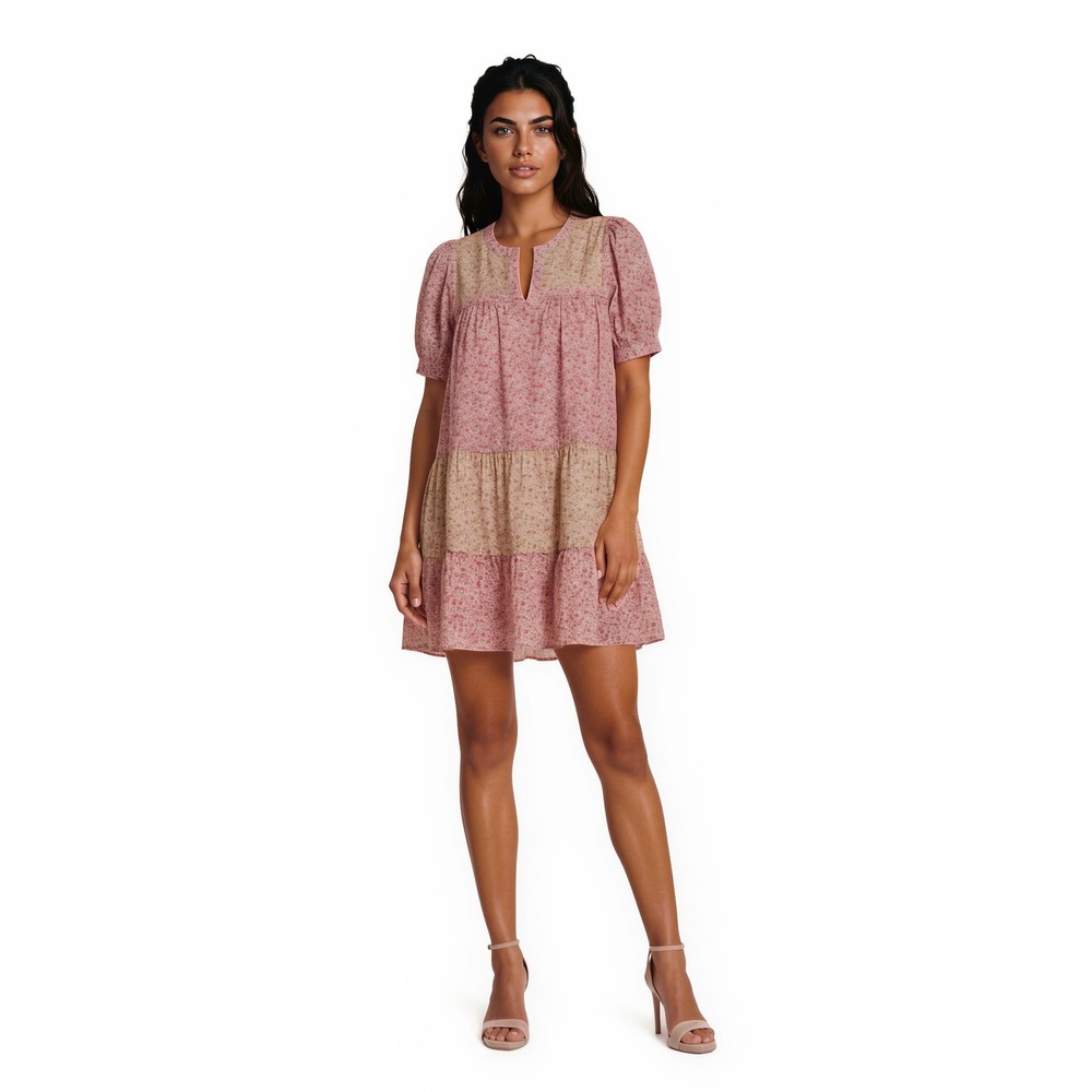 Hyacinth House Tuckernuck Dress Womens Size Small Pink Floral Tiered Puff Sleeve
